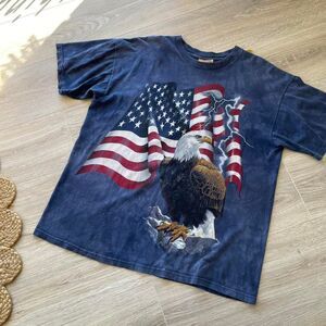 The Mountain Bald Eagle & Flag Distressed Tee Vintage Large USA Patriotic Retro